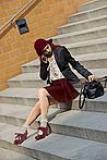 Laura Model 0X1 - Final With Pleats And Wiggles And Burgundy Hat - Open Jacket.jpg